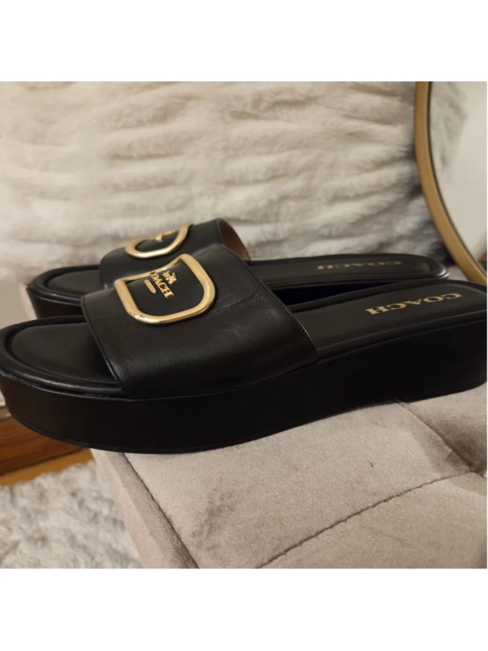 Women's Coach Eloise Black Gold Platform Slide Sandals Size 9